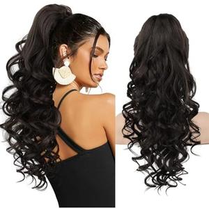 REECHO Ponytail Extension, 20” Claw Clip Ponytail Extension Curly Clip in Ponytail Long Pony Tails Hair Extensions for Women Fluffy Natural Looking Synthetic Hairpiece, Black Brown