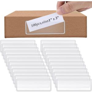 Meanplan 100 Pcs Label Holder Self Adhesive Clear Pocket 3x1 Inch Plastic Shelf Tag Sticking Index Card Pocket for Supermarket Library Kitchen Business Bookshelf Mailbox File Cabinet Storage Bin