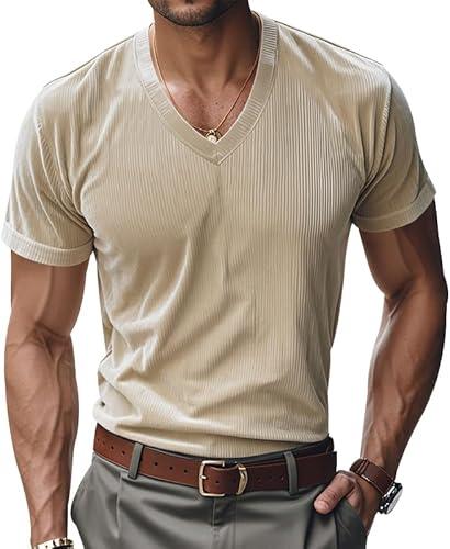 TAFLE Mens T Shirts Summer Short Sleeve V Neck T-Shirt Casual Corduroy Shirt Fitted Tee Shirt, M