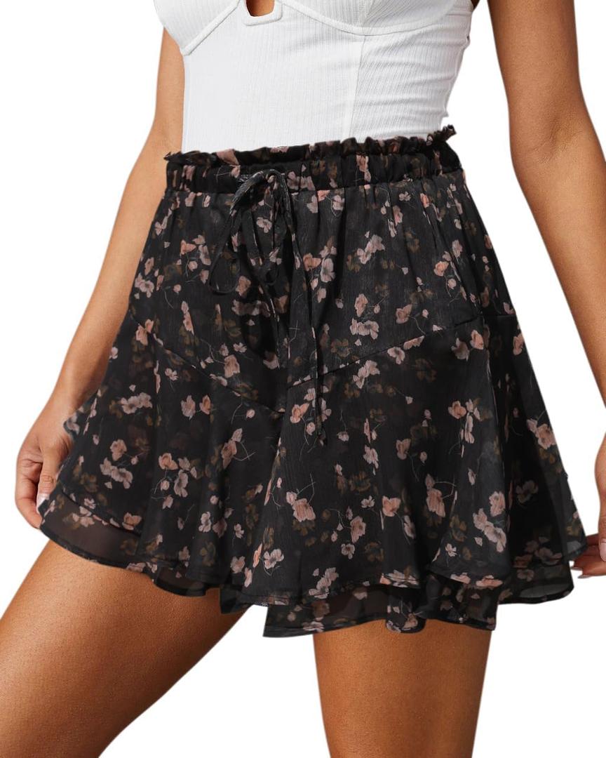Aoudery Flowy Shorts for Women Casual Boho Floral Skorts Ruffle Mini Skirts Running Tennis Butterfly Chiffon Shorts Medium