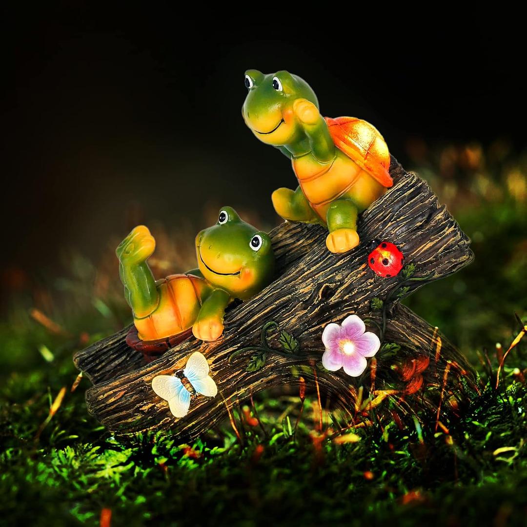 Garden Turtle Figurines Outdoor Decorations, Solar Statue Sweet Frog Face Turtles Decor with 4 LED Lights, Garden Resin Statue for Patio Lawn Porch Yard,Gifts for Birthday Easter Housewarming