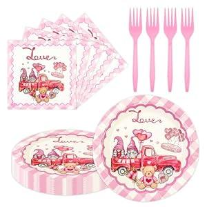 2 x Valentines Day Party Decorations 7inch Paper Plates and Napkins Forks Disposable Set Serves 20 - Pink Galentines Day Party Supplies for Afternoon Tea, Gatherings, Weddings Cake Dessert(60 Pcs)