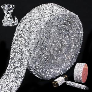 Locacrystal Bling Crystal Rhinestone Ribbon Self-Adhesive Iron on Resin Diamond Ribbon Wrap Roll DIY Bling Stickers for Wedding Clothing Cars Crafts Dress Decoration, Silver,1.18inch x 3yard