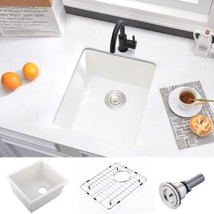 15 Inch Undermount Bar Sink-VASOYO 15x17 White Quartz Composite Kitchen Bar Sink Wet Bar Prep Sinks Single Bowl Small Kitchen Sink with Bottom Grid
