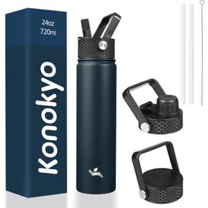 Insulated Water Bottle 24oz Stainless Steel Sport Bottles with 3 Lids, Navy Blue
