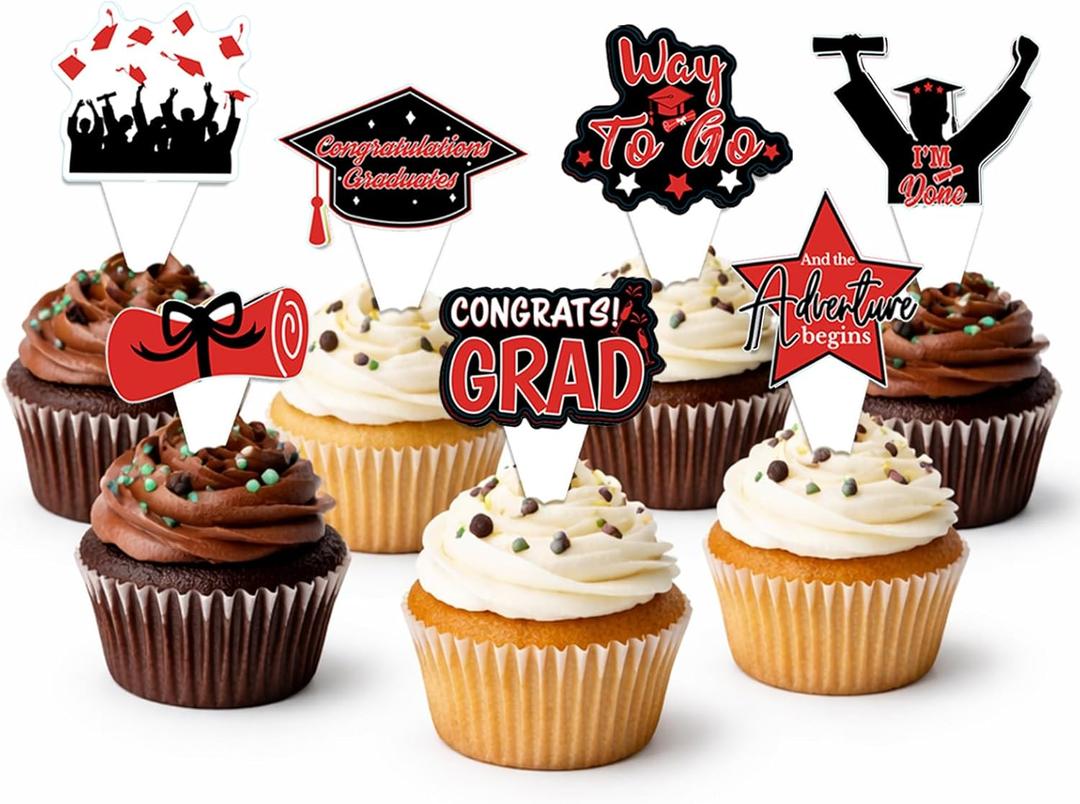 3 x 42pcs Graduation Cupcake Toppers Class of 2026 Paper Cupcake Picks Grad Cap Diploma Picks for Dessert Food Pizza Decorations (red white)