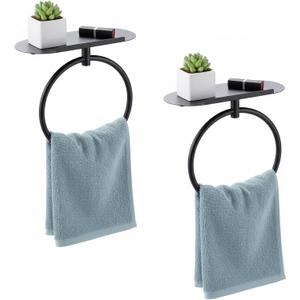 2 Pcs Hand Towel Ring with Shelf, Matte Black Stainless Steel Hand Towel Holder, Heavy Duty Bath Accessories, Wall Mounted Hanger for Bathroom Kitchen