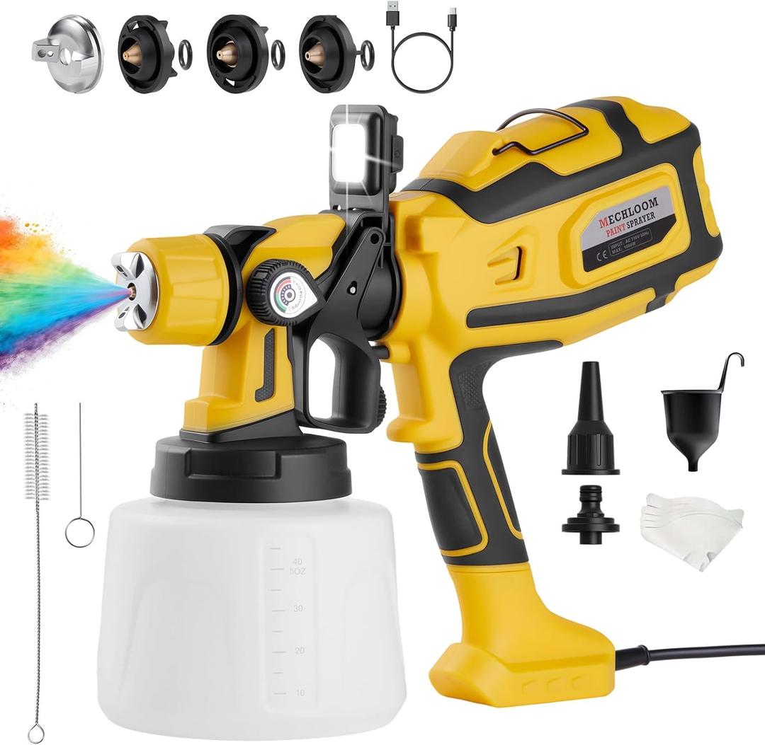1000W Paint Sprayer, Electric HVLP Spray Gun with 3 Brass Nozzles, Dust Blowing Head and Cleaning Adapter, Adjustable Flow, Easy to Clean, for House Painting, Furniture, Cabinets, Doors