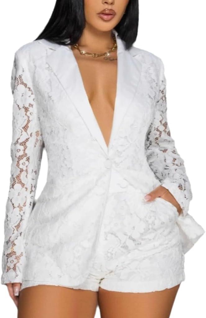 Wuitrie Shorts Sets Women 2 Piece Outfits Sexy Lace V Neck Button Blazer Bodycon Shorts Suits Business Casual Outfit White, m