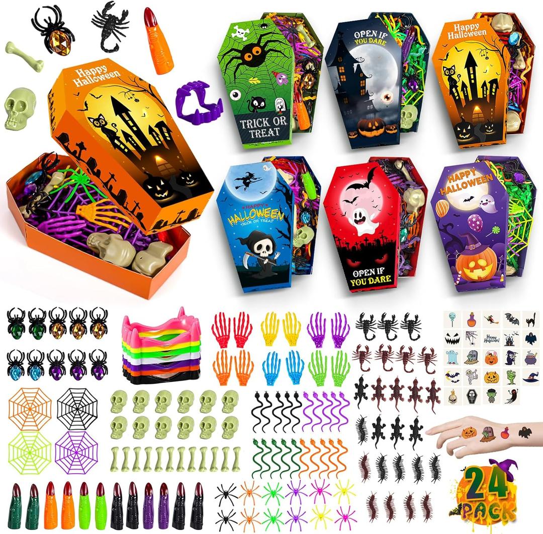 SpringFlower 269 PCS Halloween Party Favors For Kids, 24 Pack Halloween Coffin Treat Boxes With Assorted Halloween Toys In Bulk For Goodie Bags Filler, Basket Stuffers, Trick or Treat,Classroom Reward