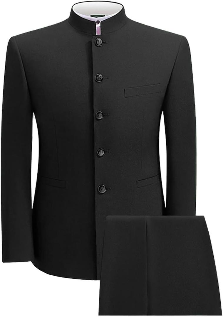 2 Piece Men's Chinese Suit Chinese Stand Collar Slim Fit Suits Front Button Blazer Pant Set (3X-Large, Black)