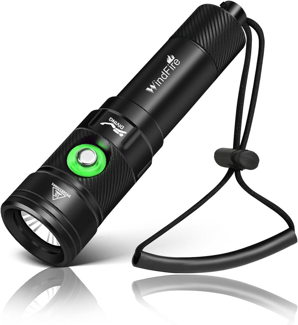 WINDFIRE Dive Light Scuba Diving Flashlight, IPX8 Waterproof Flashlight, 4 Modes Underwater Lights with Power Indicator, Scuba Flash Light Narrow Beam Angle Dive Torch for Snorkeling (Black-DF180)