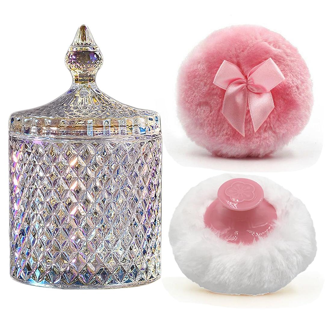 Luxury 4.2 Inch Glass Powder Container with 2 Plush PuffsNon-Sealed Organizer for Body Powder&MakeupSetting Powder Applicator w/Loose Powder Storage(Pointed Cylinder-Dazzling Colors-Large)