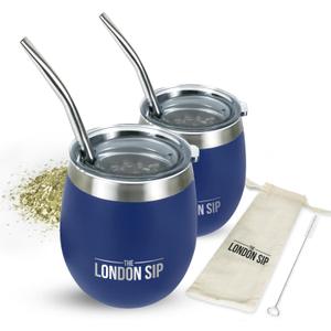 London Sip Yerba Mate Cup and Bombilla Set, Includes 2 Mate Gourds, Spill Resistant Lids, and Mate Straws, Bombilla Brush and Pouch Included, Yerba Mate Gourd Kit Mate Tea Cups, Blue