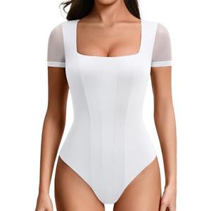 Avidlove Women's White Bodysuits Mesh Short Sleeve Body Suit Sexy Square Neck Summer Trendy Leotard Tops, XXL