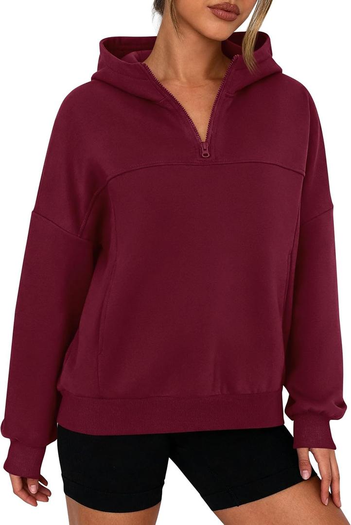 PRETTYGARDEN Womens Hoodies Cropped Fleece Sweatshirts 2025 Fall Fashion Quarter Zip Pullover Long Sleeve Tops Winter Clothes (X-Large, Burgundy)