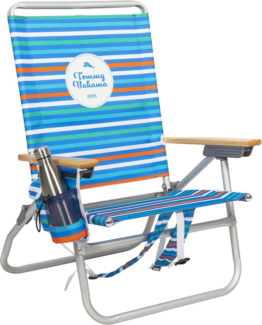 Tommy Bahama 4-Position, Extended 12.8" seat Height Easy in-Easy Out Folding Backpack Beach Chair, Logo Stripe