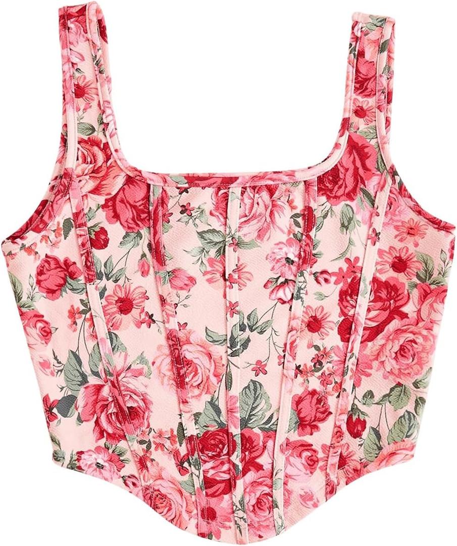 SHENHE Women's Floral Croset Top Square Neck Asymmetrical Elegant Bustier Cropped Summer Going Out Tank Tops S