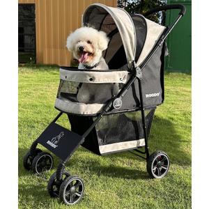 ROODO 4 Wheel Dog Cat Pet Stroller Best Lightweight Foldable Compact Portable Jogger All Terrain Travel Pet Gear Puppy Doggie Bunny Kitty Stroller for up to 30lbs Medium Small Dogs Cats(Light Khaki)