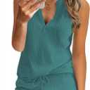 Ekouaer Pajamas Tank Top and Shorts Lounge Sets Waffle Knit V Neck Pj Short Sets Casual Outfits for Women (Large, Dark Turquoise)