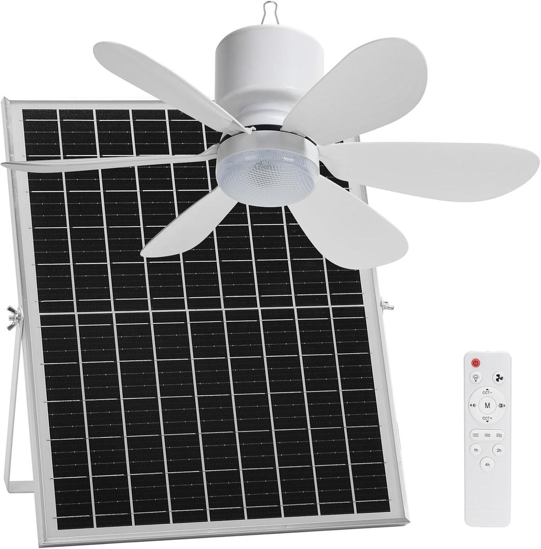 21.5'' Solar Rechargeable Ceiling Fan Light Kit for Outside Gazebo, Patio, Canopy Tent, Shed, Greenhouse, 64 Wh Battery Operated with 25W Solar Powered, Remote Control, 13.2 FT Cord Length