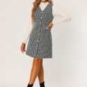 Allegra K Women's Pinafore Dress V Neck Button Down Pockets Vintage Sleeveless Plaid Tweed Dress (Black)