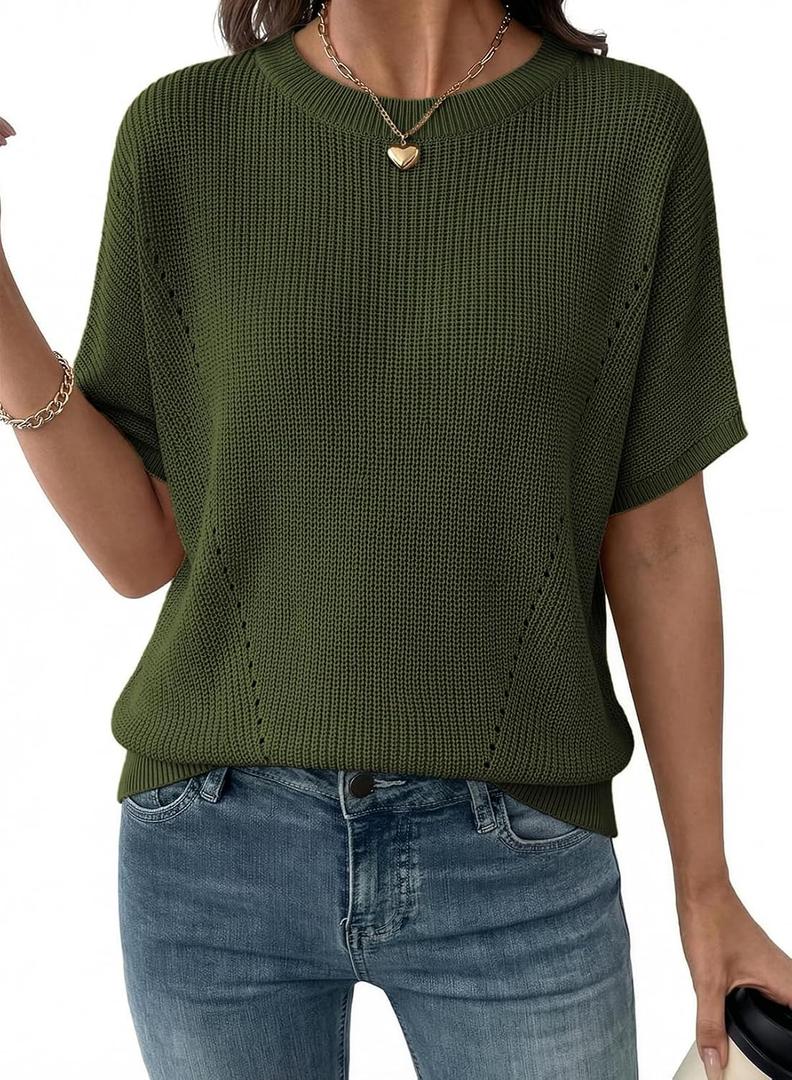 Dokotoo Womens Summer Tops Short Sleeve Oversized Sweaters Solid Color Elegant Dressy Casual Crewneck Lightweight Knit T Shirts Vacation Outfits Fashion Trendy Cute Blouses Green Medium