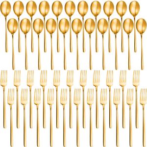 48 Pcs Forks and Spoons Set for 24, Stainless Steel Flatware Cutlery Set Mirror Polished Kitchen Utensil, 6.5 Inch Forks and 7.3 Inch Spoons for Home Kitchen Restaurant, Dishwasher Safe(Gold)