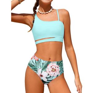 Queenstyle Girls Swimsuits Bikini Set Kids Cutout Bathing Suit Bikini Top Two Piece Girls' Swimwear (11-12 Years, Blue Plant)