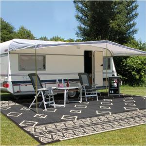 Outdoor Rugs for Patio 9'x12' Plastic Straw Rug Clearance for RV Camping Reversible Waterproof Large Area Rug Portable Carpet Floor Mat Deck Beach Backyard Outside Decor with 4 Corner Loops Stakes (Black & Beige)