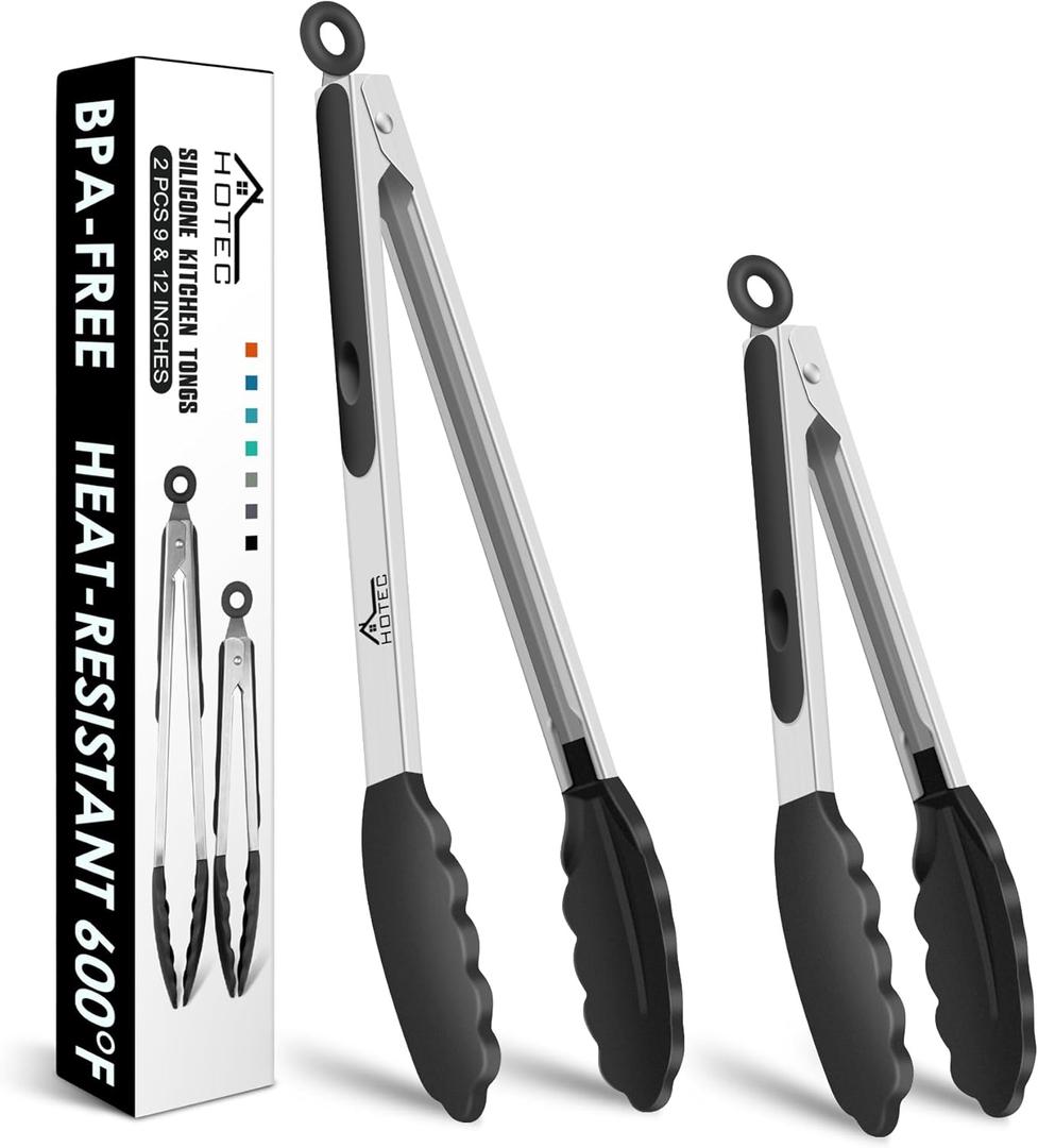 HOTEC Premium Stainless Steel Locking Kitchen Tongs with Silicon Tips, Set of 2-9" and 12"