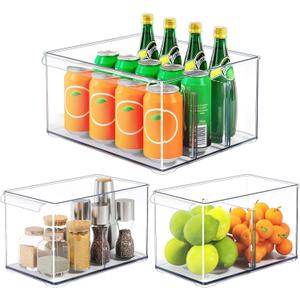 Clear Plastic Storage Bins with Dividers for Fridge Pantry Organizers and Storage Containers, 3 Pack Large Acrylic Stackable Sturdy Storage Boxes for Home Edit and Cabinet Organizers C6-2