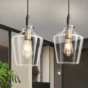 Modern Glass Pendant Lighting for Kitchen Island 2 Pack, Farmhouse Black and Gold Pendant Light Fixtures, Adjustable Hanging Ceiling Light, Angled Clear Glass Shades 8 Inch