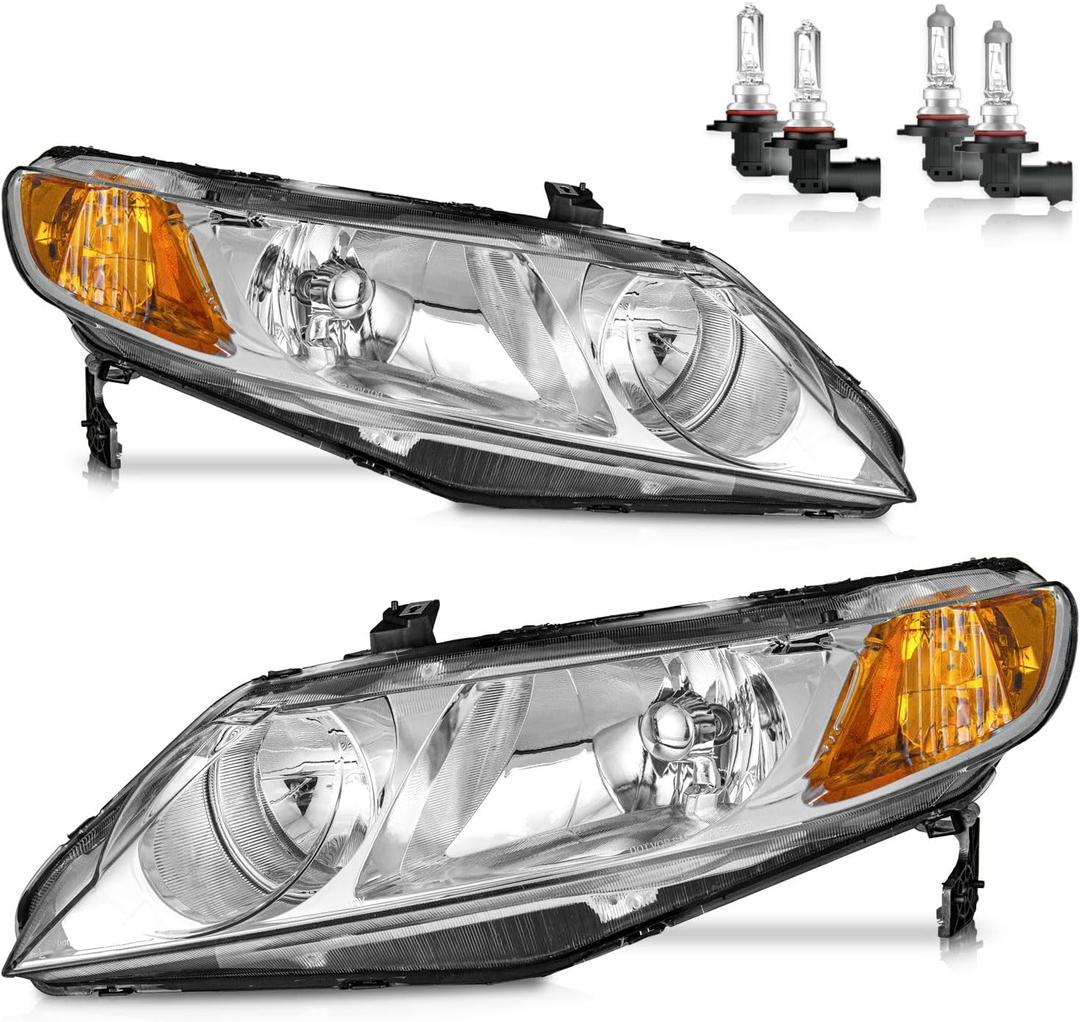 Headlights W/Bulbs for 2006-2011 Honda Civic 4-Door Halogen Headlamp Replacement Driver & Passenger Side (NOT fit 2-Door)