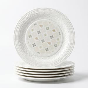 Bone China Salad Plates Set of 6, 8 Inch White Dessert Plates with Embossed Rim and Decorative Center Pattern, Small Serving Plates for Salad, Snacks and Appetizers, Microwave & Dishwasher Safe