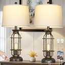 28" Vintage Table Lamps for Living Room, Industrial Farmhouse Table Lamp with USB C+A Ports & Outlet, Rustic Nightstand Bedside Lamps with 2 Night Light for Bedroom End Tables Bronze, 4 Bulbs Included