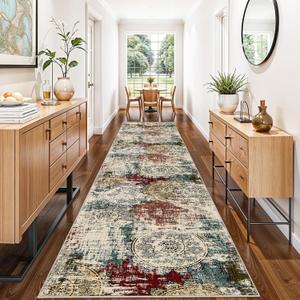 Hallway Runner Rug 2x10ft: Washable Non-Slip Backing Indoor Floor Carpet for Kitchen Entryway Porch - Modern Abstract Thin Low-Pile Soft Long Rugs for Living Room Porch(2x10 Red/Green Multi)