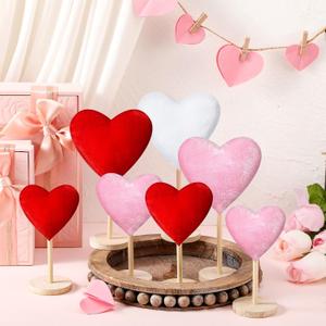 Wenqik 7 Pcs Valentines Day Decorations Velvet Flocked Heart Table Decor Heart Shape Tabletop Centerpiece Tall Standing Wooden Sign Valentines Day Decor for Home Office Shelf Mantel(Pink, Red, White)
