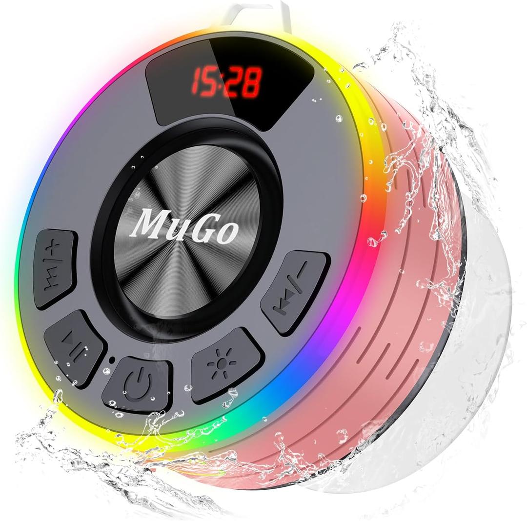 MuGo Shower Bluetooth Speaker Waterproof IPX7, 360 HD Stereo Sound Bathroom Speaker Bluetooth 5.3 with RGB Lights, Suction Cup and Microphone, Mini Shower Radio for Home/Party/Outdoor (Pink)