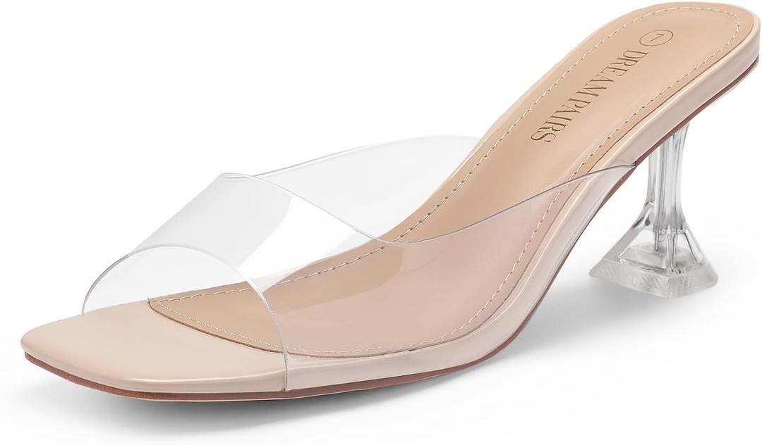 DREAM PAIRS Women's Clear Heeled Sandals Square Toe Transparent Stiletto Mules Slip on Wedding Dress Shoes (8.5)