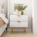 Semiocthome White Nightstand, Mid Century Modern Night Stand with 2 Wave Fluted Panel Drawers, Bedside Table with Gold Metal Legs, Bedroom Set Wide Tabletop Bed Side Table, End Tables for Living Room (White)