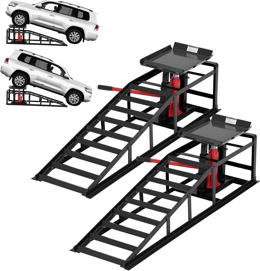 GarveeHome Hydraulic Car Ramps 2 Pack - 11000Lbs Capacity Low Profile Vehicle Ramps for Oil Changes, Trucks, Trailers & Garage Auto Repair, Heavy Duty Steel Construction, Black