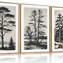 LHIUEM Large Vintage Sketch Tree Framed Wall Art Set, Antique Black and White Wall Decor, Nature Botanical Lake Artwork, Modern Wilderness Forest Art Prints for Living Room, Bedroom- 16"x24"x3