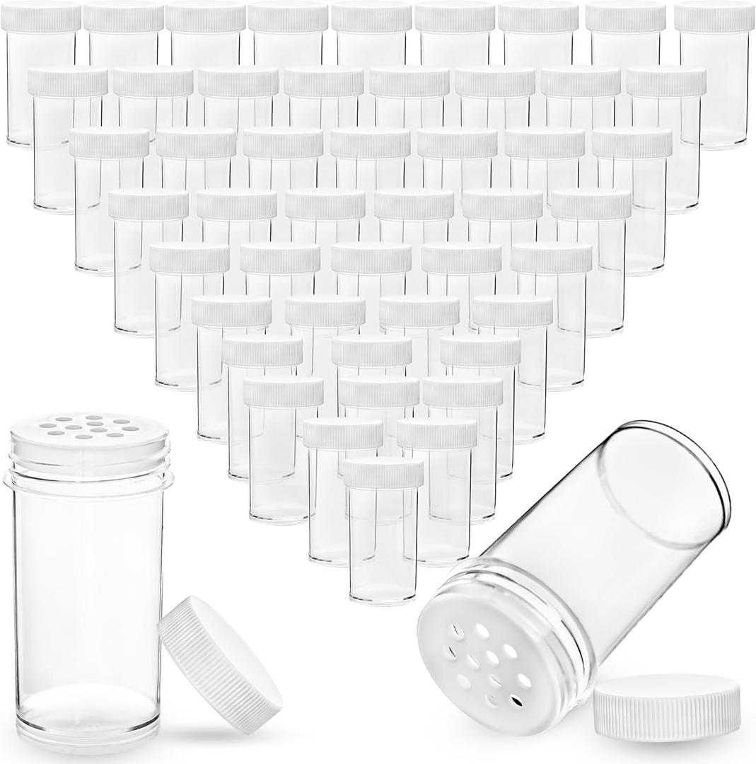 50 Pack 1 oz Mini Plastic Spice Jars with White Caps Clear Round Spice Bottles with Sifters Small Empty Seasoning Containers for Travel Home Storing Spice Seasoning Powders