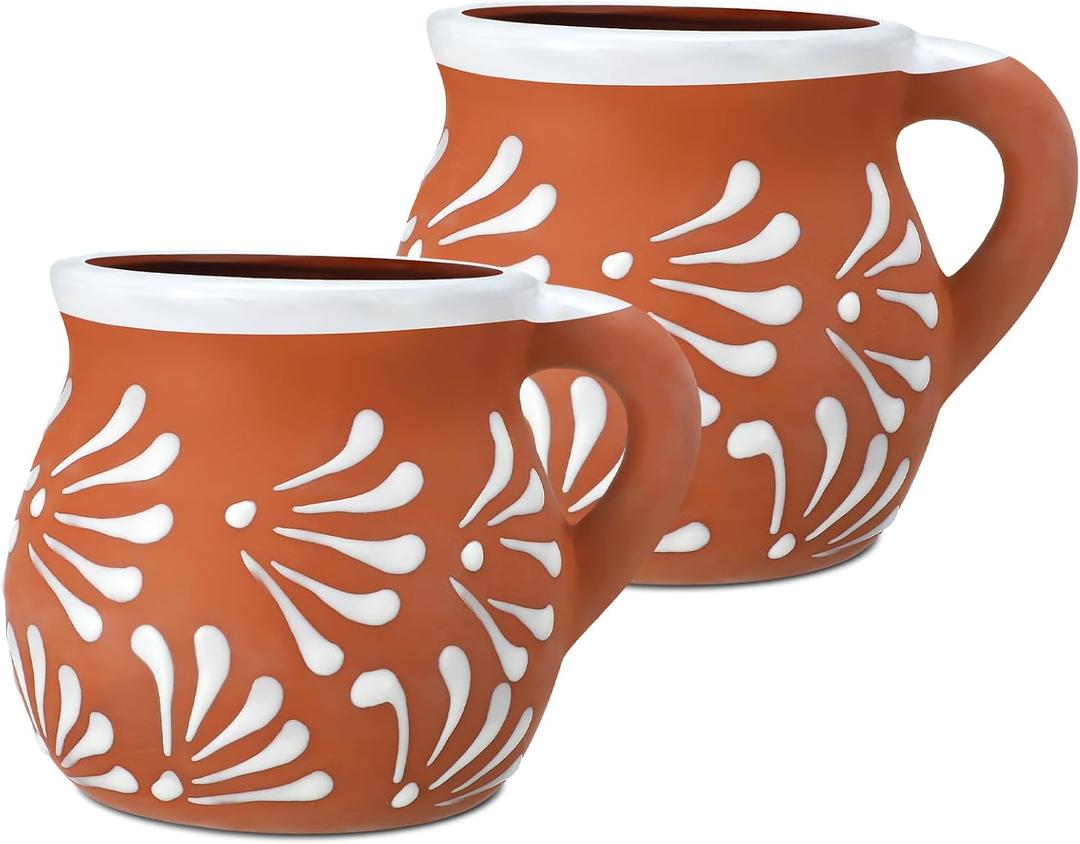 Baderke 2 Pack Mexican Pottery Mugs Mexican Coffee Mugs Clay Cups for Women Men Birthday Graduation Wedding Holiday Parties Gifts, White Terracotta Design, 12 oz