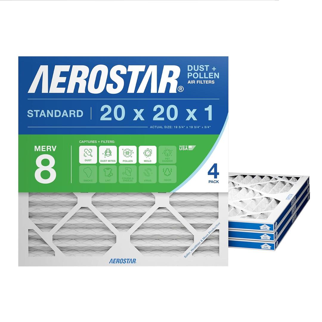 Aerostar 20x20x1 MERV 8 - 4 Count - High Efficiency Pleated HVAC, Furnace & Air Conditioner Filters - Removes Dust, Lint, Mold & Allergy-Causing Pollen