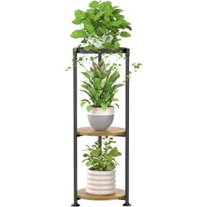iDavosic.ly 3 Tier Corner Plant Stand Indoor, 34 Inch Tall Vertical Metal Flower Heavy Duty Pot Holder Shelf Outdoor for Patio Porch Living Room, Modern Black & Rustic Brown - Round