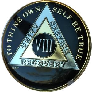 Blue Star Press 8 Year Classic Black AA Alcoholics Anonymous Medallion Sobriety Chip Tri Plate Gold & Nickel Plated Serenity Prayer