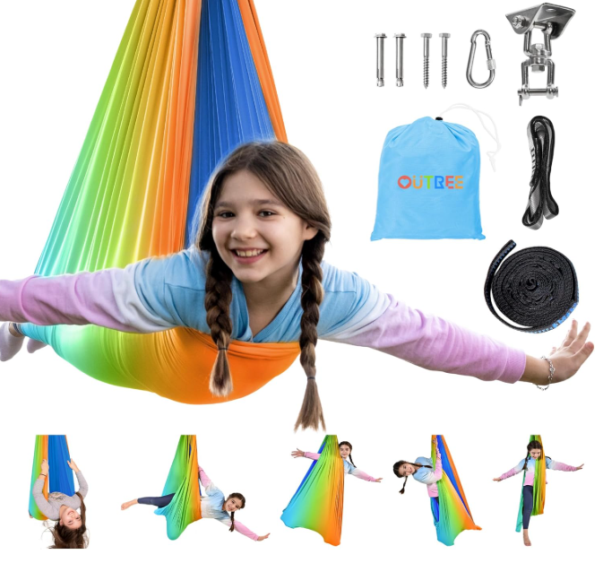 OUTREE Double Layer Therapy Swing with 360 Swivel Hanger, Healing & Relaxing Cuddle Swing for Kids and Adults with Autism, ADHD, Sensory Processing Disorder (OrangeGreen Gradient)