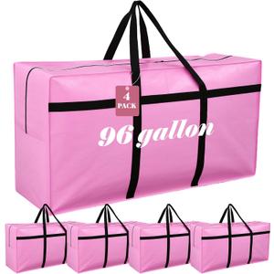 4 Pcs 96 Gallon Extra Large Moving Bags Heavy Duty Storage Bag with Strong Zipper Handle Foldable XXL Jumbo Storage Tote Packing Moving Box for College Dorm Travel Cloth Duffle (Pink)